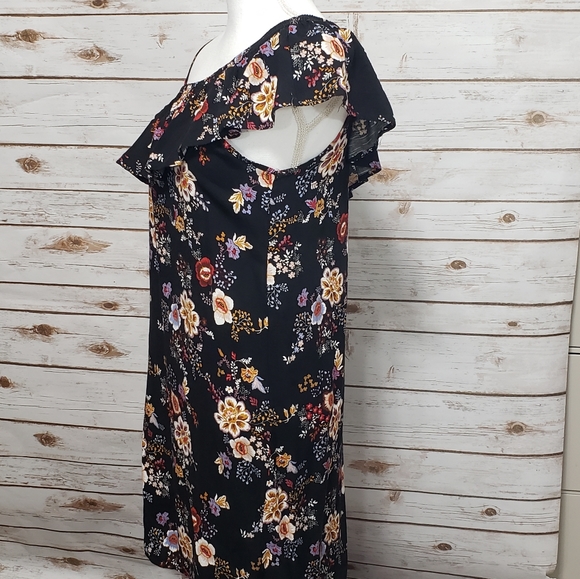 Pink Rose Asymmetrical Black Floral Dress Sz Small - Picture 8 of 8